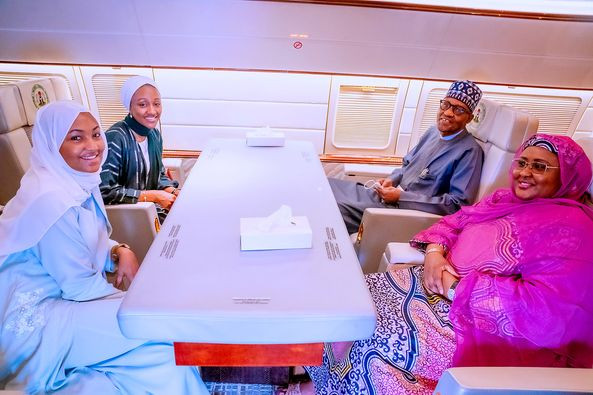 Photos of President Buhari, wife and daughters heading to Equatorial Guinea buhari and wife,