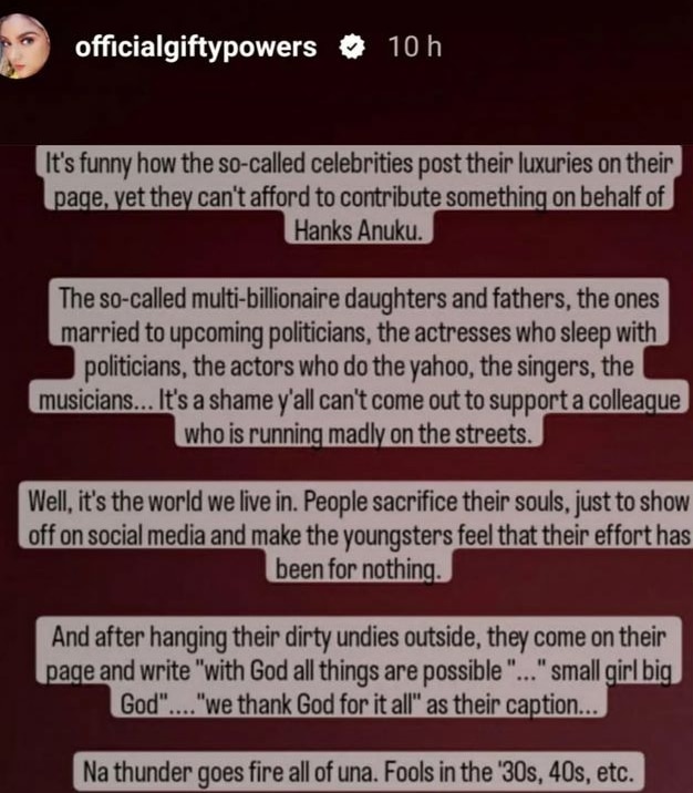 ‘You Post Your Luxuries Yet Can’t Help Hanks Anuku’ — Gifty Powers Slams Celebrities