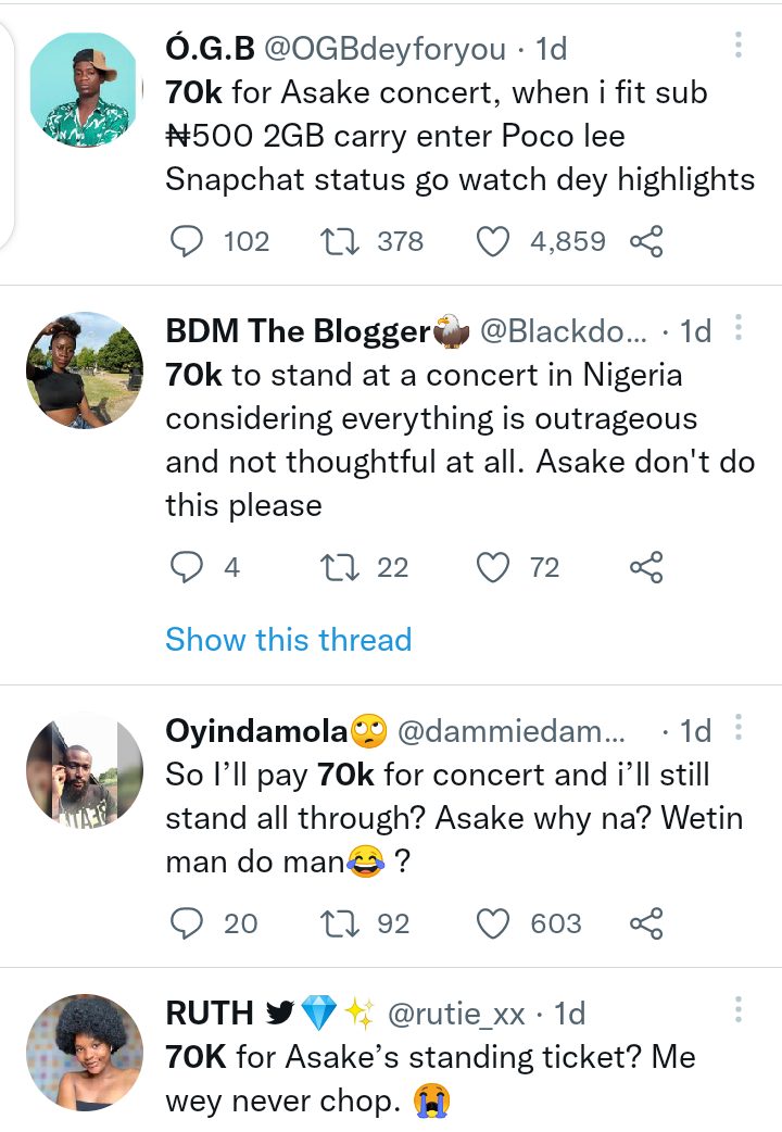 Reactions as Asake sells concert tickets at 70k for regular