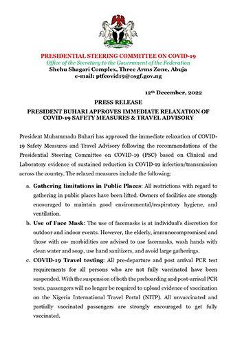 FG Suspends COVID-19 Tests For Travellers