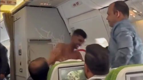 0_PAY-Topless-man-BRAWLS-WITH-PASSENGER-on-plane Plane passengers scream in panic as phone charger catches FIRE on busy flight