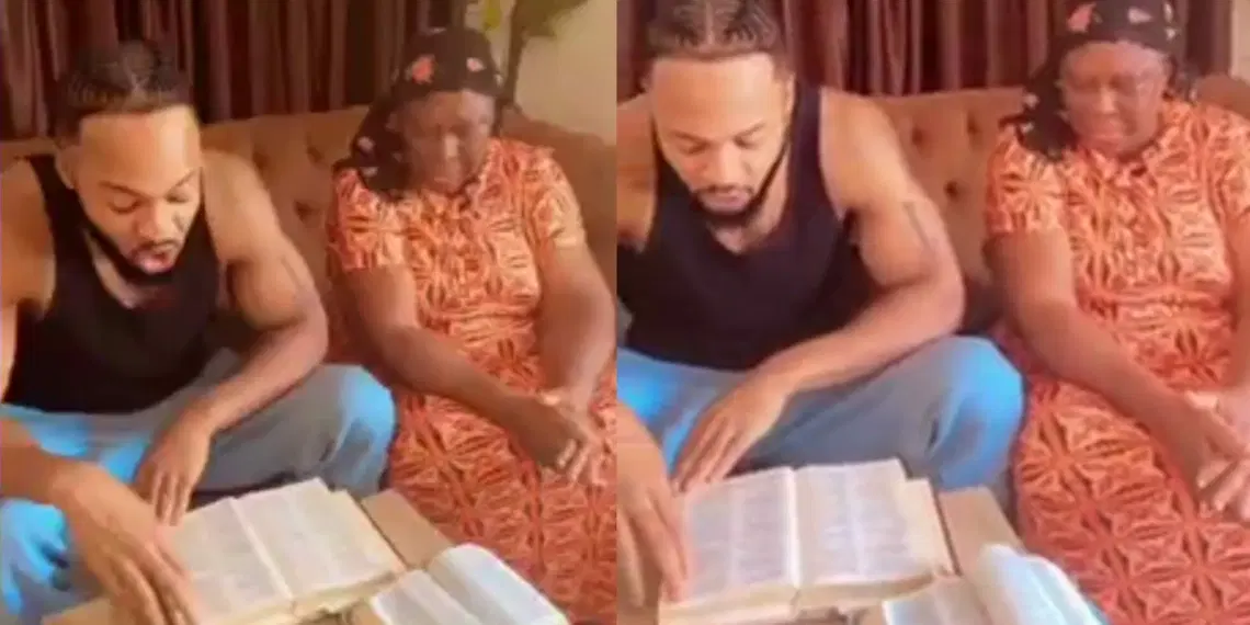 Singer Flavour warms hearts with viral video of him reading Bible verse to his mum during devotion Singer Flavour