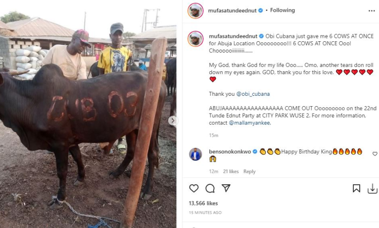 Tunde Ednut receives 6 cows from Obi Cubana as birthday gift