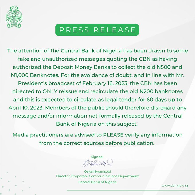 CBN Denies Directing Banks To Collect Old N500, N1, 000 Notes