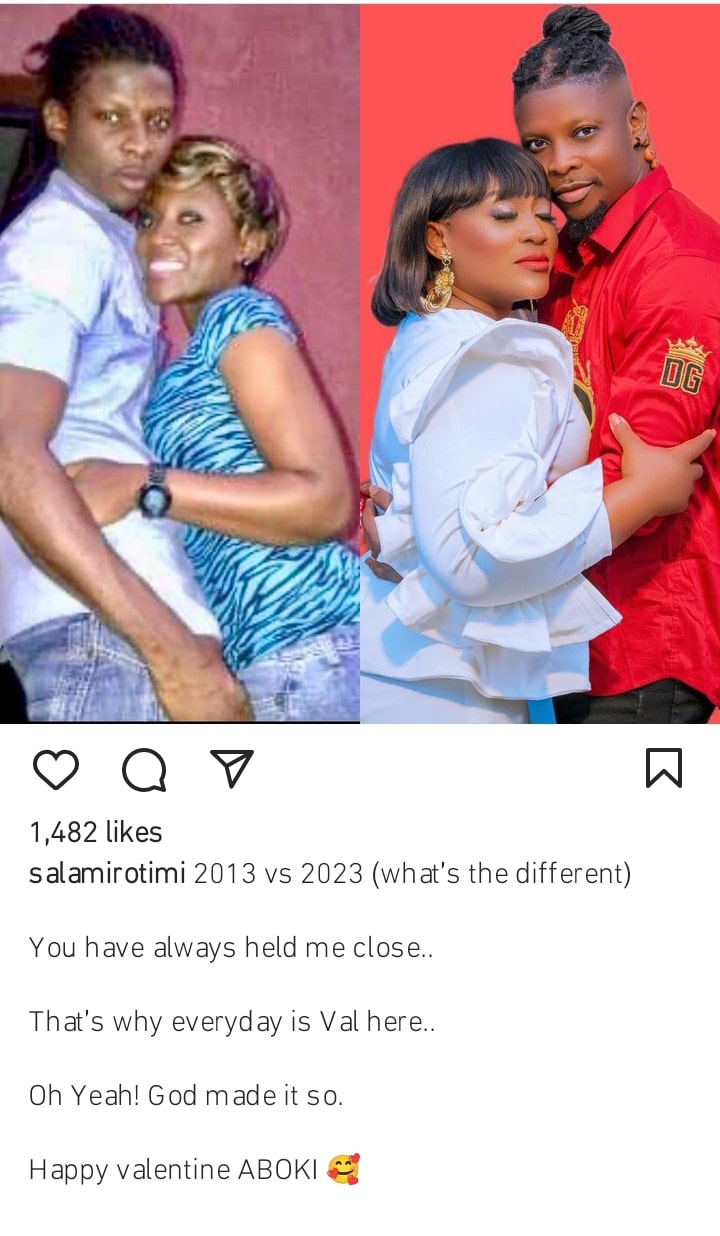 Getting into the Valentine spirit, Nollywood actor, Rotimi Salami has penned a sweet note to his ‘Valentine Aboki’, his wife. Taking to his Instagram page to share before and after photo with his woman, the Yoruba sent love to his wife. Describing her as his Valentine Aboki, Salami noted how his wife has always held him close and for them, everyday is valentine. “2013 or 2023 (What’s the different). You have always held me close. That’s why everyday is Val here. Oh Yeah! God made it so. Happy Valentine ABOKI”.