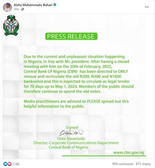 Naira redesign: We stick to Buhari’s directive – CBN debunks statement on Aisha’s page