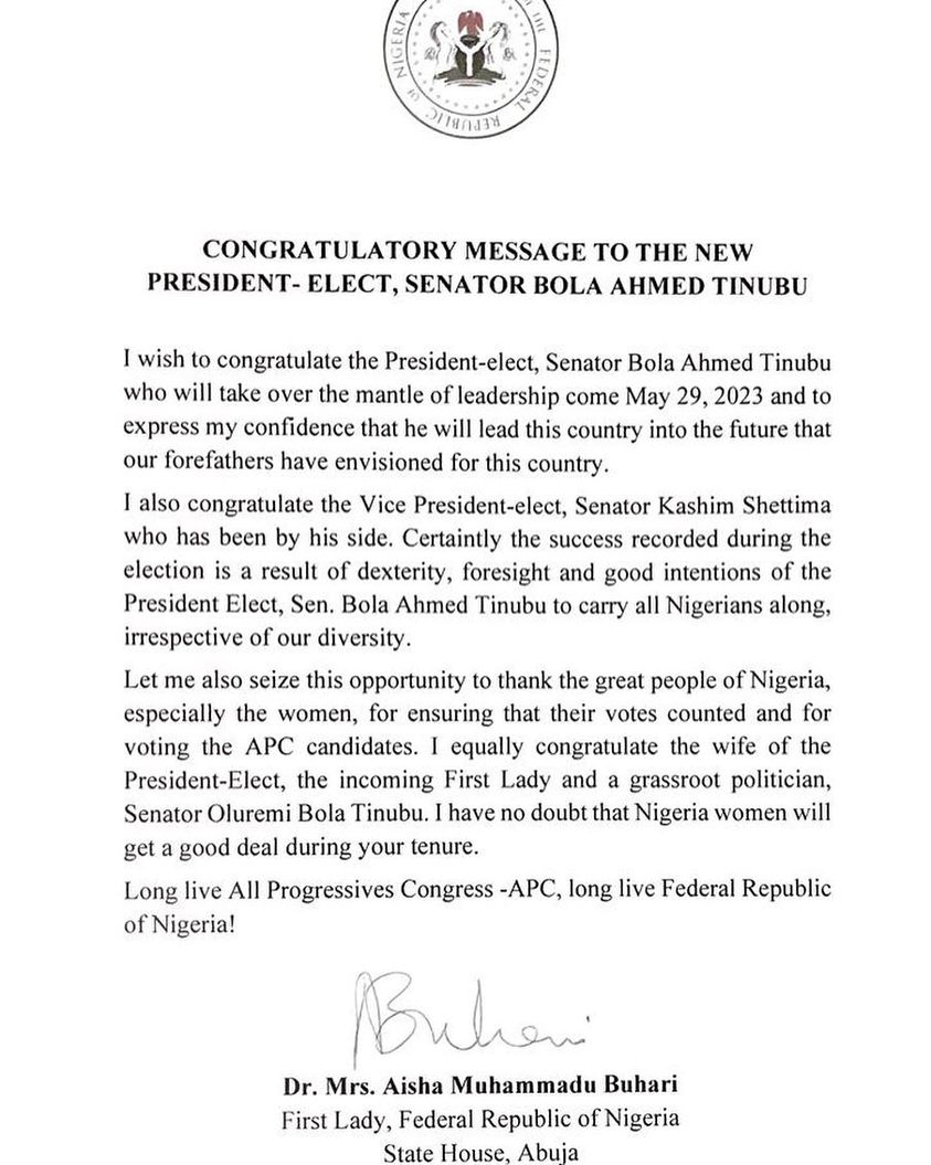 Women’ll Enjoy Good Deal During Your Tenure, Aisha Buhari Hails Remi Tinubu
