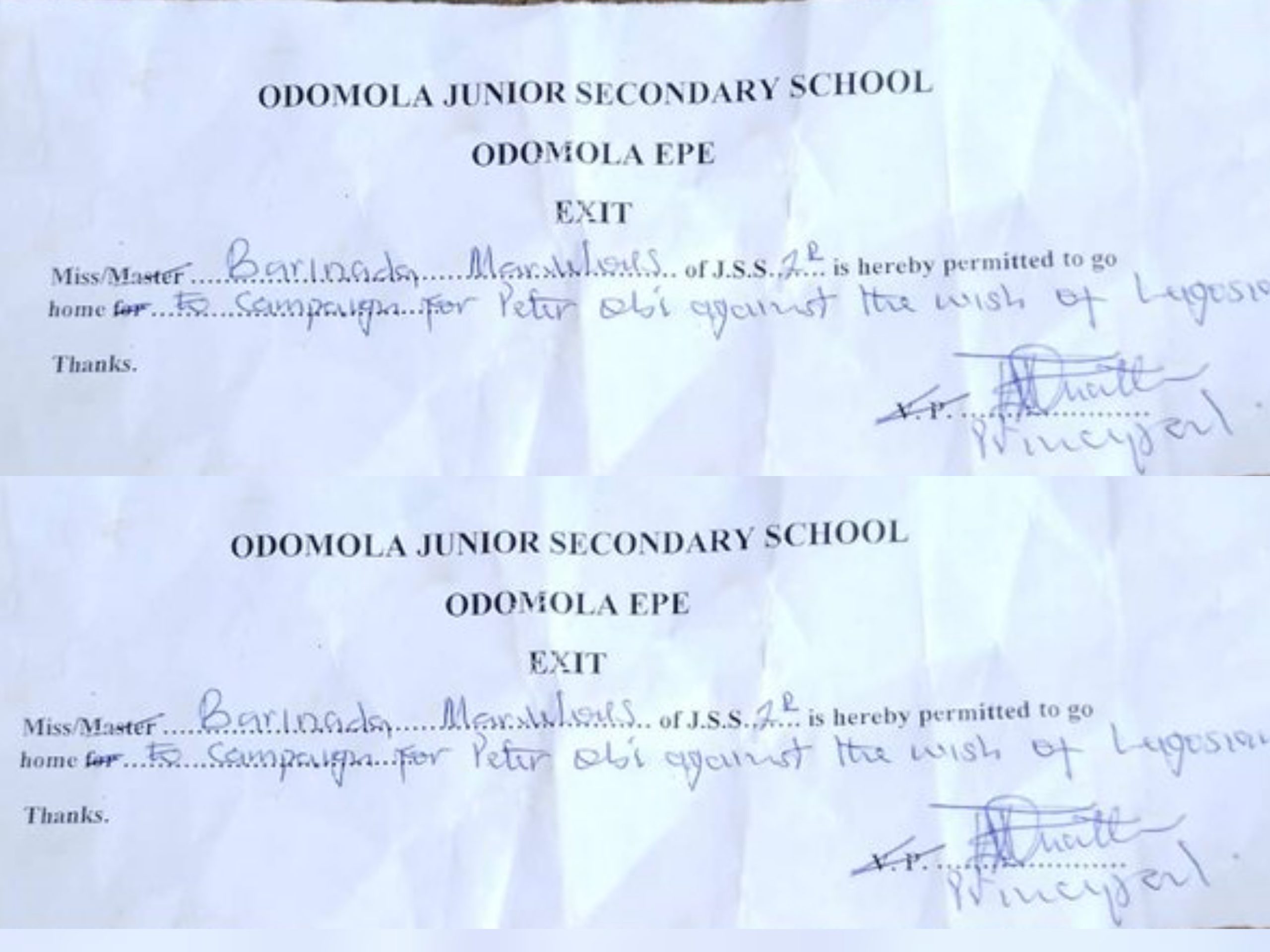 Lagos probes principal who ‘sent pupil home for wrapping book with Obi’s poster’