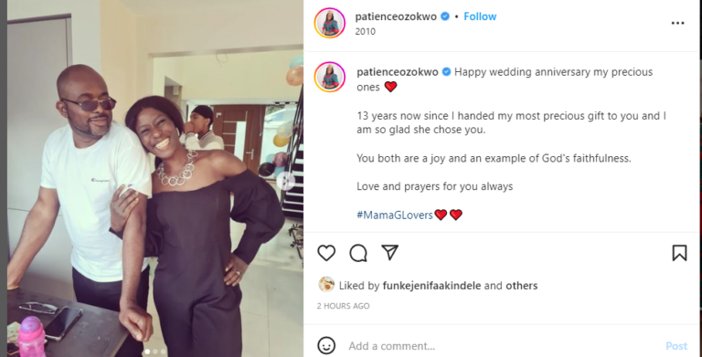 “I am so glad she chose you” Patience Ozokwo celebrates daughter’s wedding anniversary with heartfelt wishes