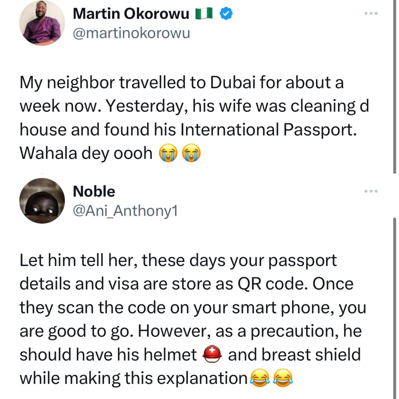 wife finds husband's passport at home after claims to be traveling to Dubai