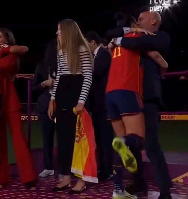 Moment emotional president of Spanish FA kisses player on the mouth