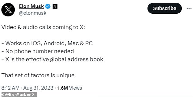 Elon Musk announces audio and video calls X