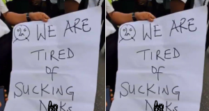 We are tired of s3cking d!cks!!! ALLEGE placard from the protest of UNICAL students calling out their dean says UNICAL