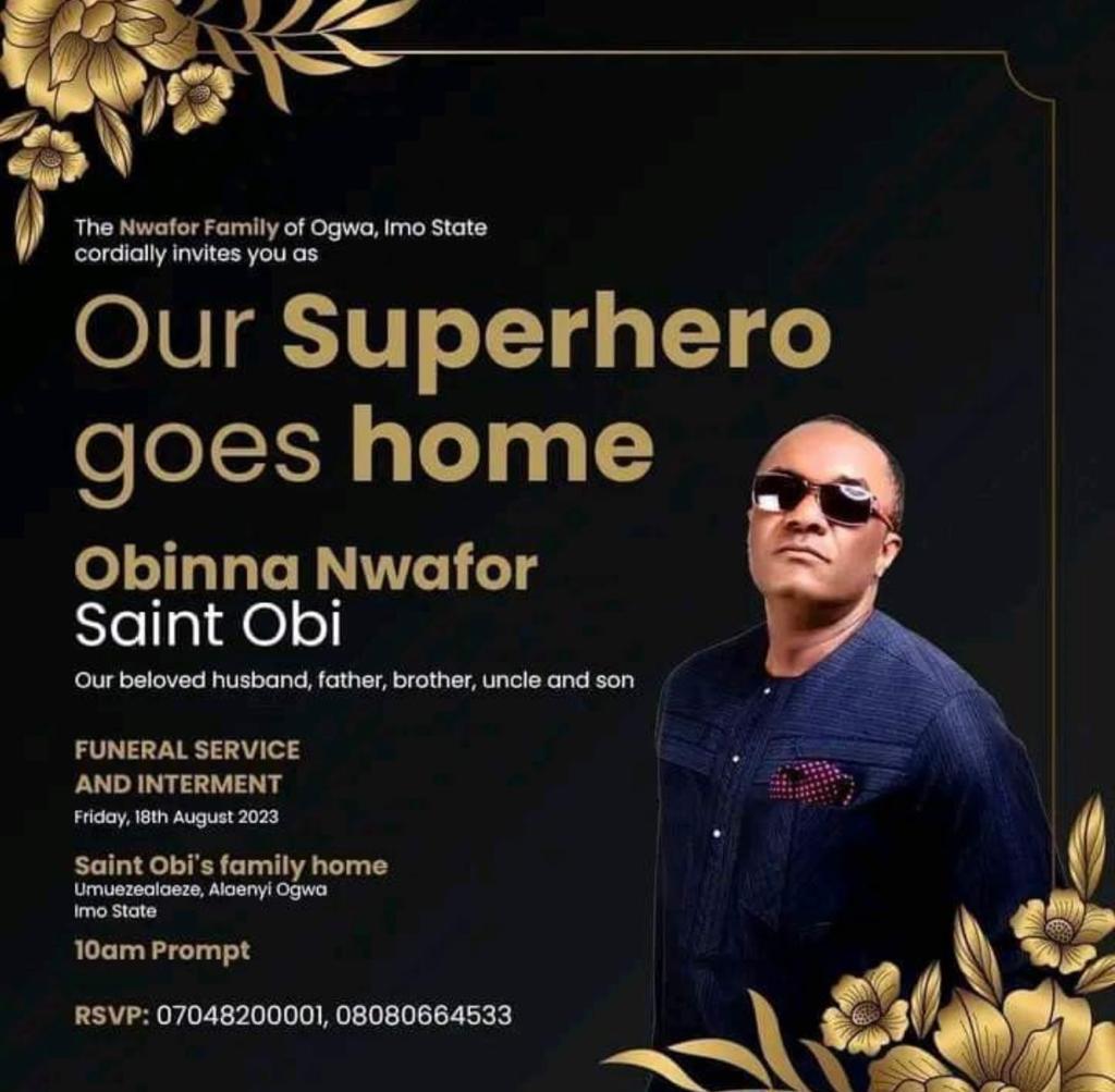Actor Saint Obi to be buried on August 18