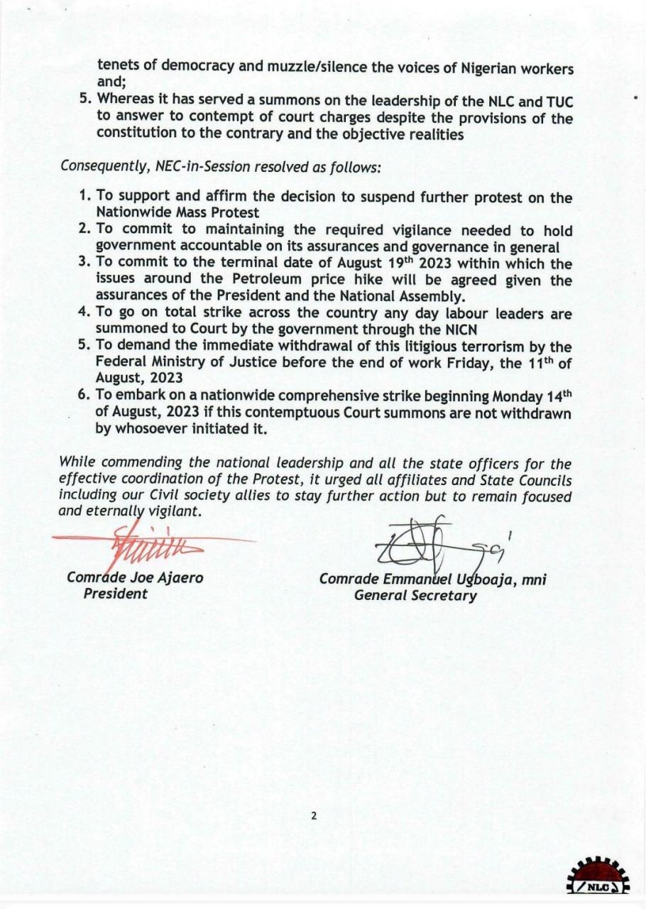 NLC threatens nationwide strike August 14 over lawsuit
