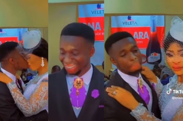 Moment Groom's face got smeared with makeup after kissing his bride at their wedding