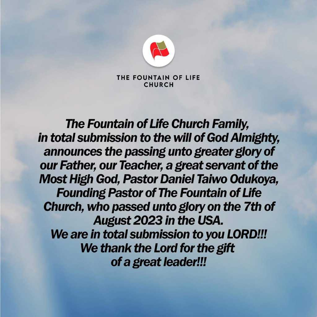Fountain of Life founder Pastor Odukoya is dead