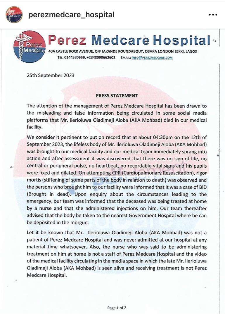 Mohbad was brought in dead — Lagos Hospital