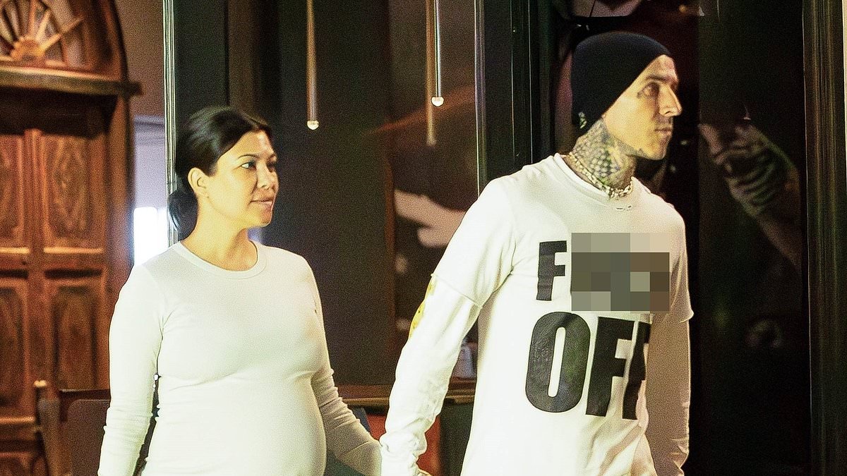 Kourtney Kardashian displays her HUGE baby bump as she steps out with husband