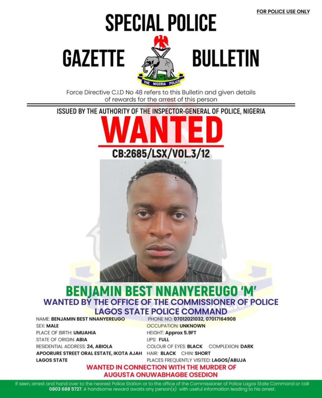 Lagos Police declare man wanted for killing girlfriend