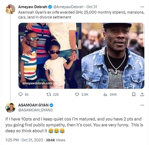 Footballer Asamoah Gyan ordered to give his ex-wife two homes, a petrol station and two cars 