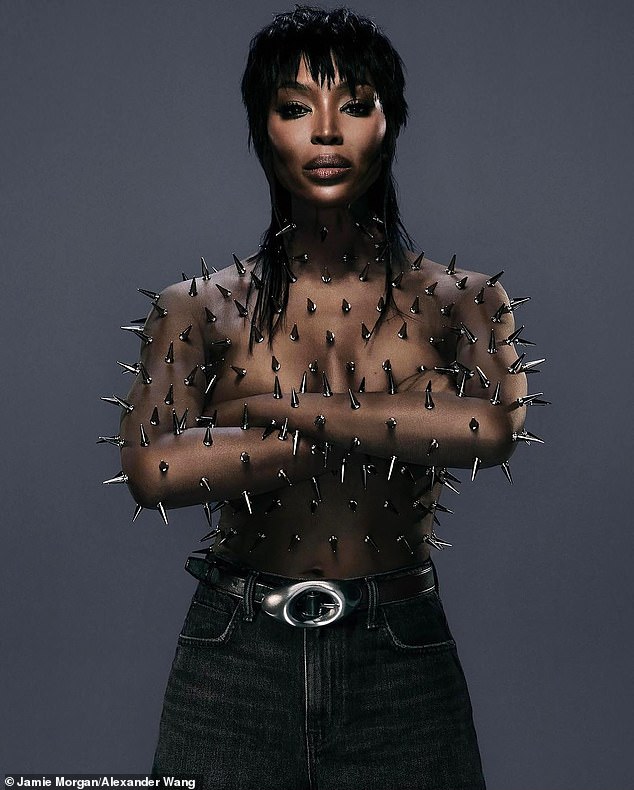 Naomi Campbell poses n*de with her entire body covered in silver spikes