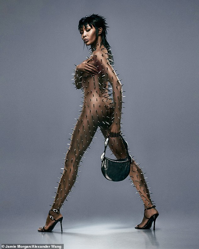 Naomi Campbell poses n*de with her entire body covered in silver spikes