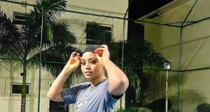 Regina Daniels poses on her husband’s tennis court Regina Daniels poses on her husband's tennis court
