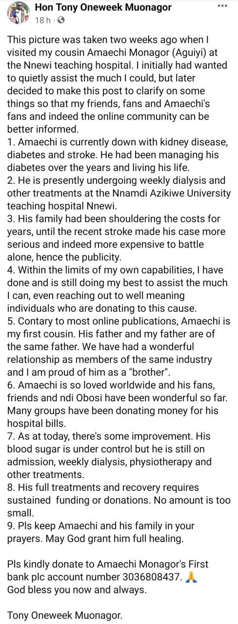 Actor, Amaechi Muonagor, battles kidney disease, diabetes, stroke, cousin gives update