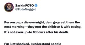 Man in shock after sympathizers met woman and her children eating barely 10hrs after her husband passed away