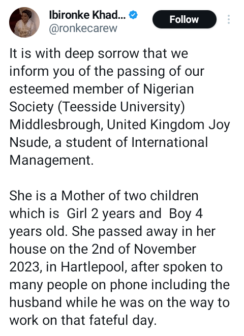 UK-based Nigerian woman found dead after speaking with husband and others on phone