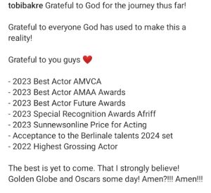 Tobi Bakre GRATEFUL as he lists his achievement