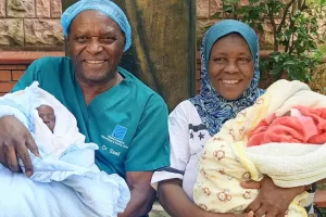Ugandan woman who welcomed twins at 70 shares first photos of babies