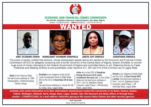 Emefiele's wife Margaret, three others declared WANTED by EFCC