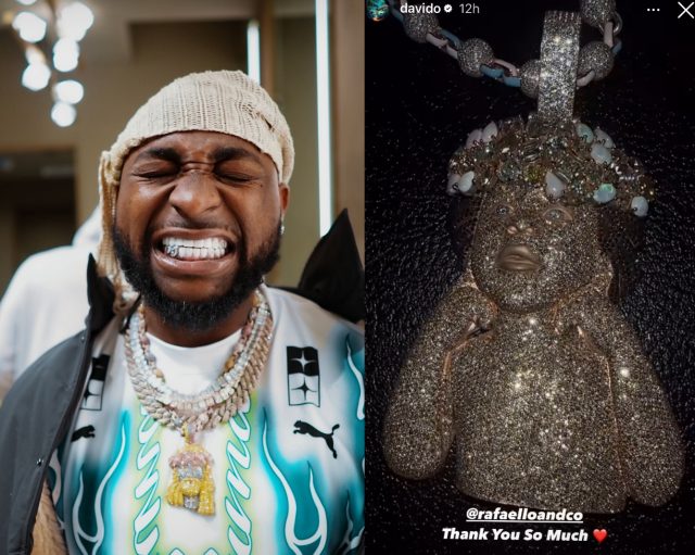 Davido shows off new gold necklace, diamond teeth
