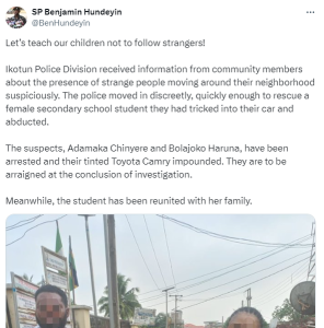 Lagos police arrest two for kidnapping student