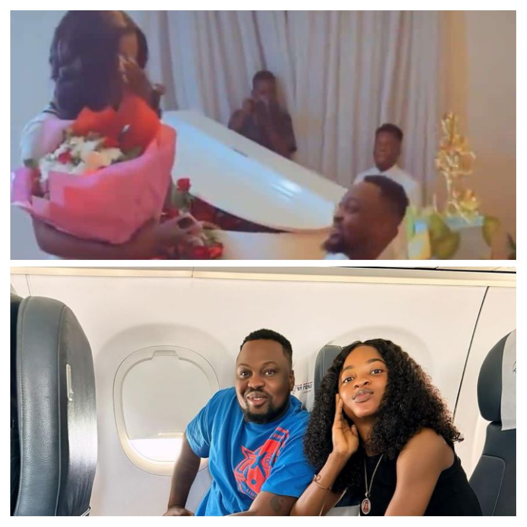 Romantic moment Egungun of Lagos proposes to girlfriend with diamond ring