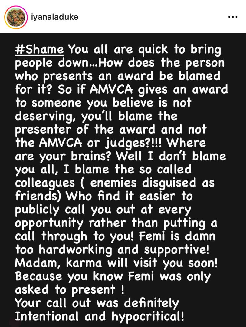 Best dressed female award: Femi Adebayo’s wife slams Dayo Amusa