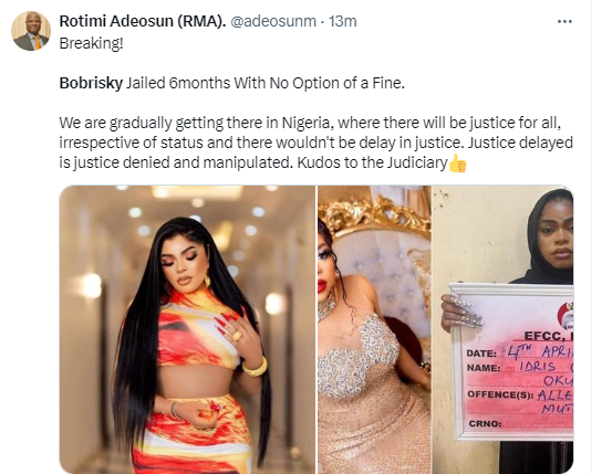 How Nigerians reacted to Bobrisky's imprisonment