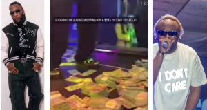 Tony Tetuila receives bundles of naira notes after hailing Burna Boy at nightclub Tony Tetuila receives pile of cash after hailing Burna Boy at nightbar