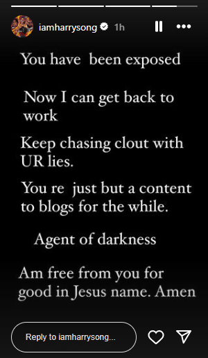 Harrysong reacts has ex-wife says he BED WETS