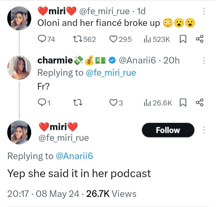 Oloni and her 2 years fiancée reportedly break off engagement