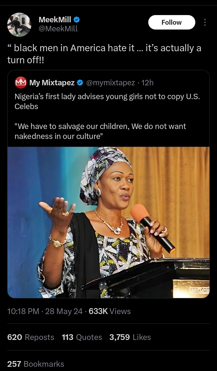Meek Mill endorses Nigerian First Lady’s call for Modest dressing