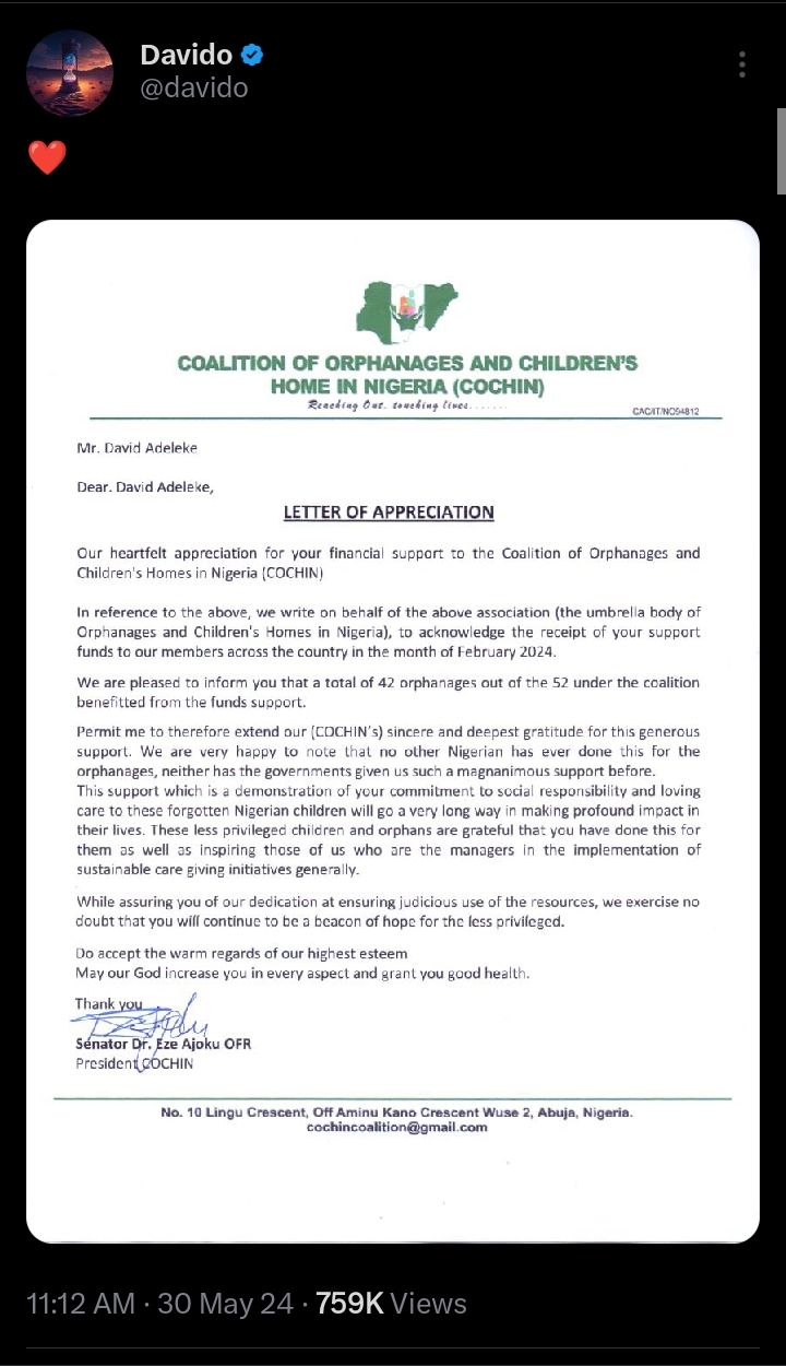 Davido reveals letter of appreciation received from orphanage group