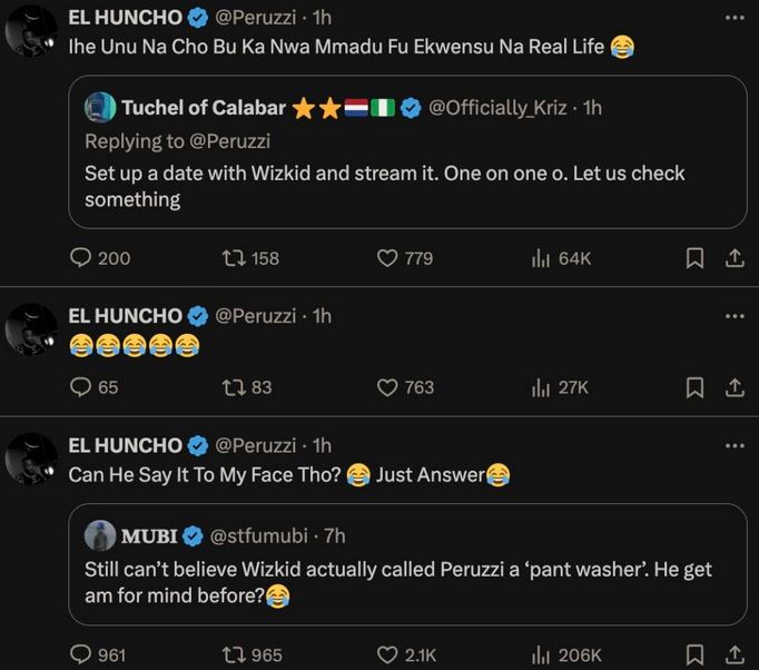 X users continue to FUEL MORE BEEF between Wizkid and Peruzzi
