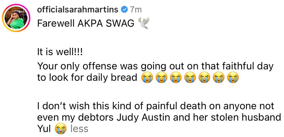 Sarah Martins shades Judy Austin and Yul Edochie as she mourns Junior Pope