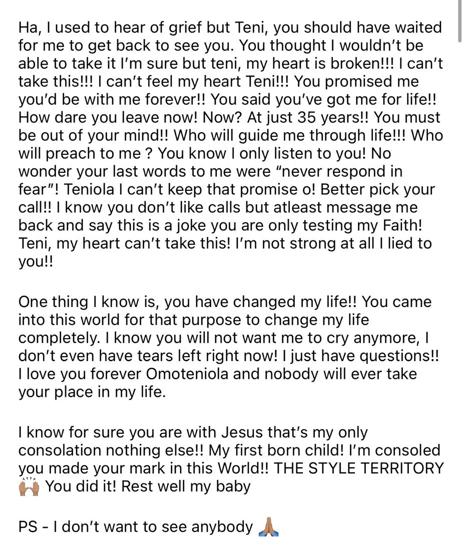 Fashion stylist Teni Oluwo d!es at 35