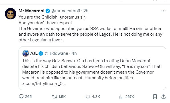 Mr Macaroni lambasts Sanwo-Olu’s aide over "Childish" comment