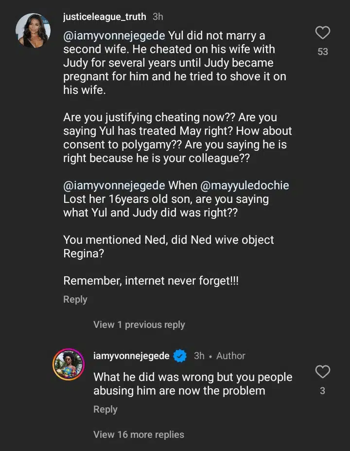 Yvonne Jegede reacts as Nigerians storm her page to drag her for supporting Yul Edochie’s marriage to Judy