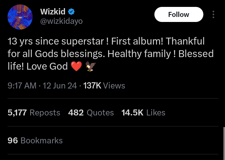 Wizkid reflects on his debut album "SUPERSTAR", appreciates God 
